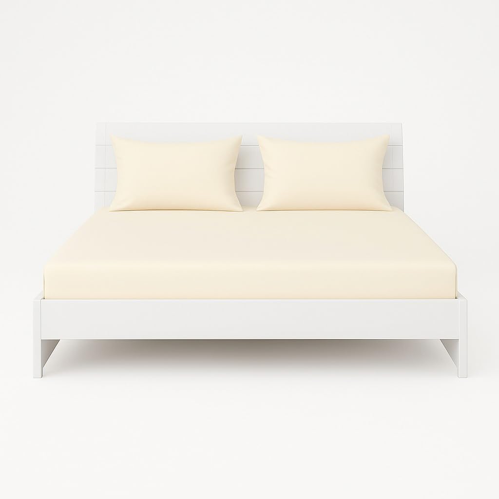 Hotel Linen Klub Double Fitted Sheet Set - 3 Pieces, Premium Poly Cotton with 144 Thread Count, Soft and Durable Quality, Size: (150 x 200 + 25 cm) + 2 Luxurious Pillowcases (50 x 75 cm), Cream