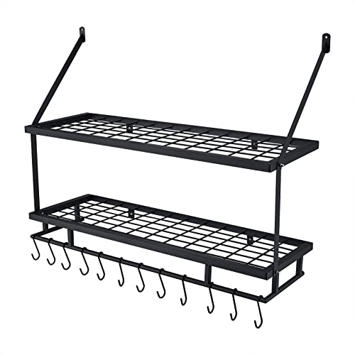 Kes 30-Inch Kitchen Pot Rack - Mounted Hanging Rack For Kitchen Storage And Organization- Matte Black 2-Tier Wall Shelf For Pots And Pans With 12 Hooks - Kur215S75B-Bk #TOP1