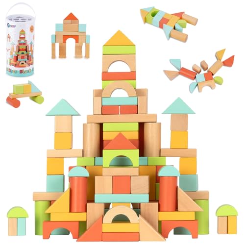 FCSONU Wooden Building Blocks for Toddlers 1-3, 100 Pcs Wood Blocks Set - Sorting & Stacking Toys with Storage and Lid, Kid Montessori Toys Ages 2+, Christmas 1st Birthday Gifts for Boys Girls Baby