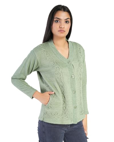 Image of MANRA Women's Woolen V-Neck Buttoned Full Sleeve Cardigan Self Design Soft Wool Fabric Winter Wear Pure Wool Sweater Fully Warm with Front Pockets Stylish Cardigan