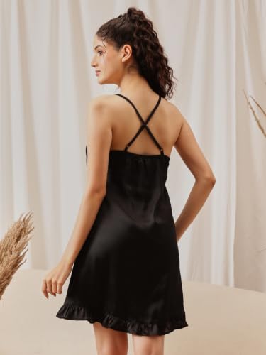 Image of Clovia Women's Satin Padded Short Nighty & Robe Set-Black