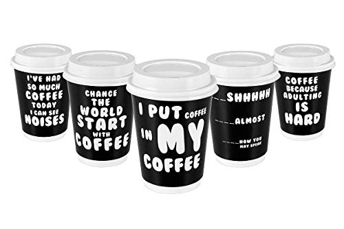 Premium 12oz Disposable Paper Coffee Cups With Lids (50ct) - 5 Fun Quotes in Each Pack - Make Your Own Coffee or Tea With These Paper Coffee Cups - Insulated Double Wall - No Need For Sleeves