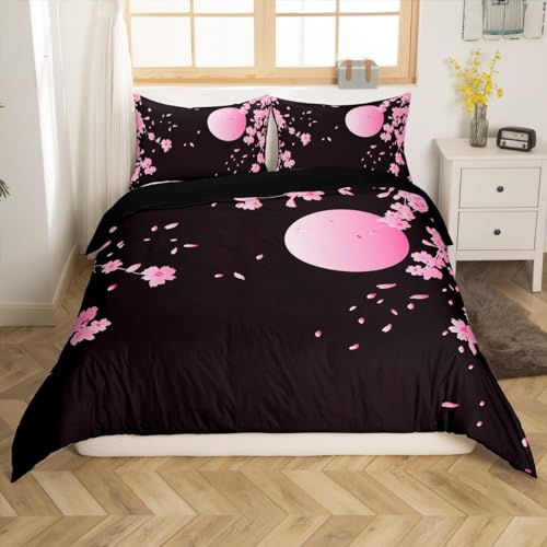 Feelyou Cherry Blossoms Duvet Cover Japanese Style Comforter Cover Pink Moon Flowers Bedding Set for Kids Adults Exotic Style Bed Set Ultra Soft Black Room Decor Toddler Size Zipper-No Comforter