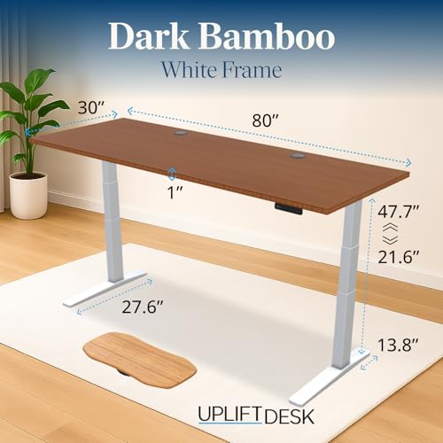 Image of UPLIFT DESK Dark Bamboo (80 x 30 inch) Standing Desk 2-Leg V3 Adjustable Stand Up C-Frame (White), Advanced Keypad, Wire Grommets, Wire Tray, Rocker Board