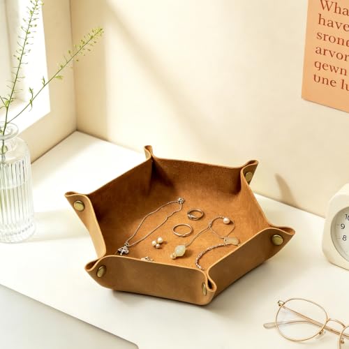 Image of boshiho Valet Tray for Men, Leather Jewelry Catchall Key Phone Coin Box Change Caddy Bedside Storage Box (Tan)