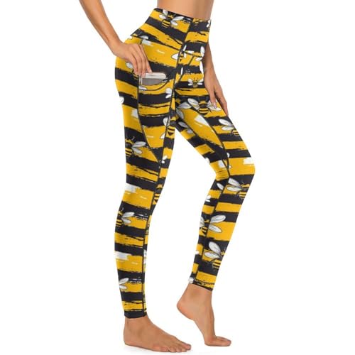 Legging rayé noir et jaune pour femme élastique avec poches latérales sport
