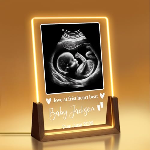 Personalized Ultrasound Picture Frame LED Night Light, Pregnancy Gift for New Moms, Custom Acrylic Plaque with Sonogram Photo, Gender Neutral Love at First Sight Baby Keepsake Nursery Decor