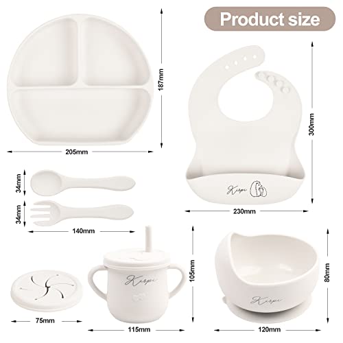 Baby Led Weaning Supplies - Kirpi Baby Feeding Set - Silicone Suction Bowls, Divided Plates, Sippy And Snack Cup-Toddler Self Feeding Eating Utensils Set With Bibs, Spoons, Fork-6 Months (Grey White) #TOP6