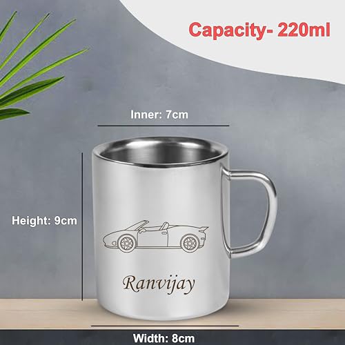 Image of SAVRI Personalized Stainless Steel Mug for Kids with Customized Name Engraved & Cartoon Design | 220 ml Double Wall Insulated Mug for School, Milk, Juice & Water (Car)