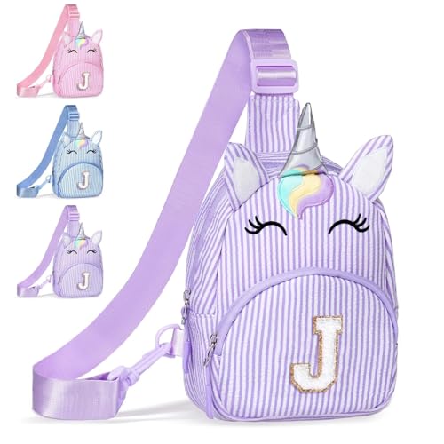 Image of COSHAYSOO Purple Girl Purse Unicorn Crossbody Sling Bag Small, Cute Easter Day Gifts for 3 4 5 6 7 8 9 10 Year Old Girls Easter Basket Stuffers Birthday Party Favor Girly Stuff Initial Letter J