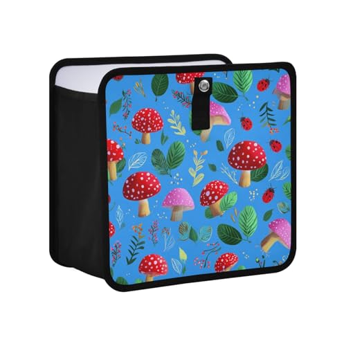 Image of Car Trash Can Organizer Bin with Adjustable Strap for Back Front Seat Console Waterproof Leakproof Collapsible Portable 11 Inch Bright Blue Mushrooms Leaves and Ladybugs