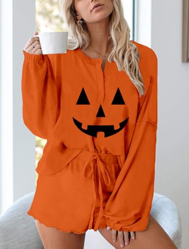 Image of Roshop Halloween Pajama Women's Pumpkin Matching Top & Shorts Loungewear Set