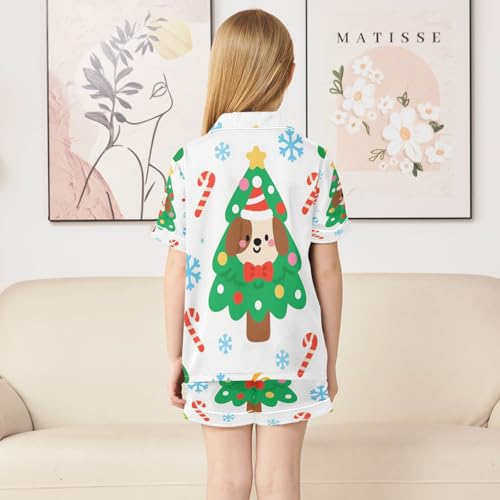Satin Pajama Sets Short Sleeve Christmas Tree Dog Snowflakes Button Down Silky Nightwear 2 Piece PJS 5-14Y4