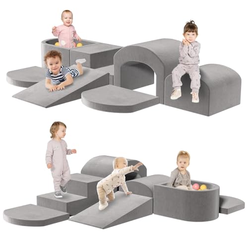 Image of Indoor Toddler Climbing Toys with Foam Ball Pit, 7-Piece Foam Climbing Blocks for Toddlers, Inside Crawling & Sliding Soft Play Set for Toddlers