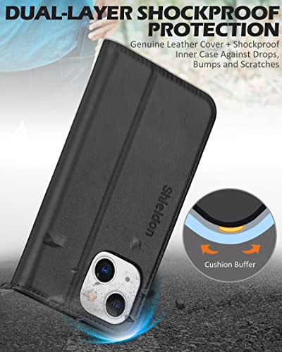 Shieldon Genuine Leather Wallet Case For Iphone 13 Mini 5G - Rfid Blocking, Magnetic Closure, Kickstand, Card Slots - Black #TOP5
