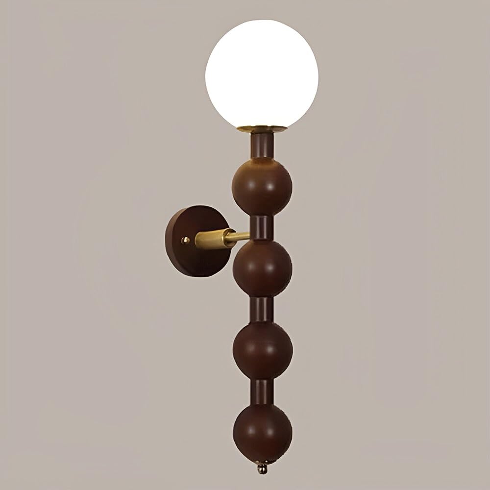 NHPJFDC Mid-Century Modern Ash Wood Wall Sconce Stacked Spherical Ball Design with Milky Glass Globe Wall Light Walnut Brown Or Matte Black Vertical Fixture for Bedroom Living Room Hallway(Brown)