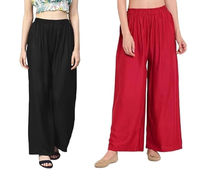 Image of Women's Solid Viscose Rayon Palazzo Pants | Wide Leg Loose Fit Trousers | Office, Casual Ethnic Bottom Wear | Combo Pack of 2