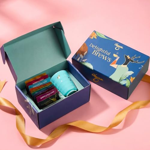Image of CHAYAM Delightful Brews Value Tea Gift Set with Cup | 12 Assorted Tea Bags & Elegant Gold-Accented Ceramic Kulhad | Tea Hamper for Corporate Gifting | Festive & Birthday Gift | Value Tea Sampler Gift Pack