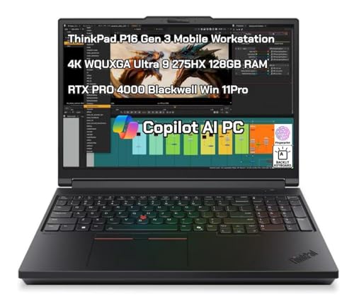 Image of New ThinkPad P16 Gen 3 Mobile Workstation AI Laptop 16″ 4K UHD+ 800nit Display Ultra 9 275HX Processor 128GB RAM 4TB SSD Gen5 RTX PRO 4000 Blackwell GDDR7 Backlit Copilot Webcam Fingerprint Win 11 Pro