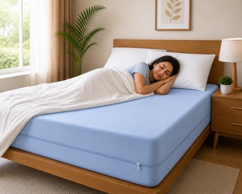 Image of 100% Waterproof Single Size Zipper Mattress Encasement - Ultra Soft & Breathable Six-Sided Bed Cover, Dustproof Noiseless Fitted Design, 72x36 Inch (6x6 Feet), Fits Up to 6 Inch Mattress, Light Blue