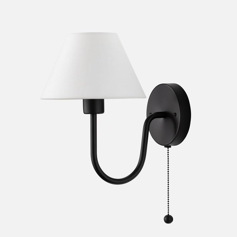 SEMANHUA czarna lampka nocna do czytania nowoczesna lampa do wnętrz w stylu vintage z przełącznikiem łańcuchowym i abażurem z białej tkaniny, metalowe kinkiety ścienne E27 z połowy wieku