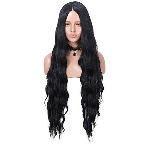 Parrucche sintetiche lunghe nere per le donne naturali che ondeggiano parte centrale centrale Nessuna parrucca resistente al calore del merletto Macchina piena Realizzata 30 pollici