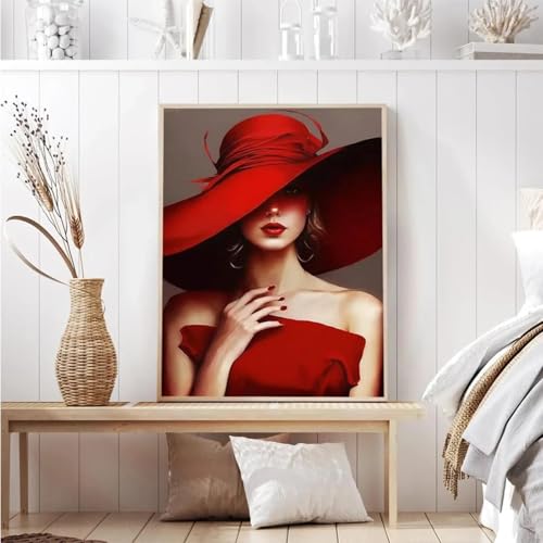 Peinture femme élégante en chapeau rouge sur toile avec cadre 50x70cm