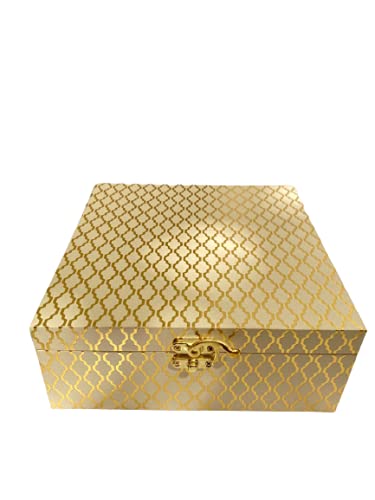 Craftworx Wooden MDF Box Covered with Color Paper (Cream & Gold , Size - 8 x 8 x 3 Inches, Square)