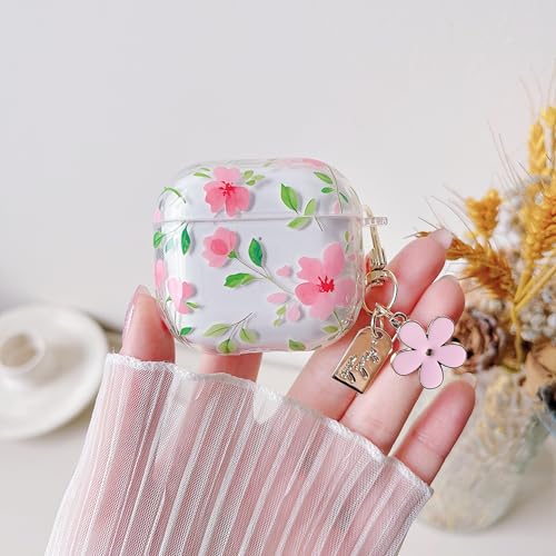 Image of MINSCOSE for AirPods 4 Clear Case,Cute Flower Plant Leaves Pattern Design with Trendy Floral Keychain,Soft TPU Protective Shockproof Case for Girls Women for Airpods 4-Pink