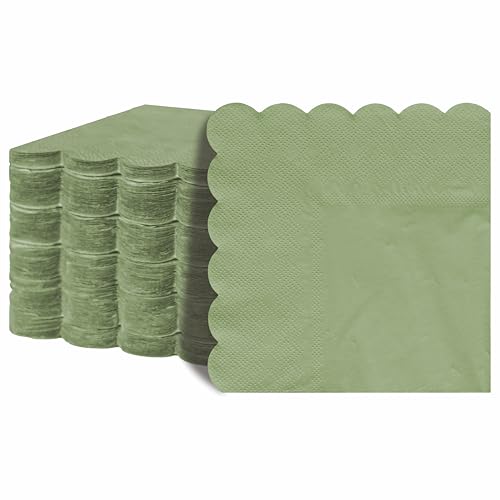 Jebblas - Lot de 100 serviettes en papier à 2 plis - Vert sauge - 12,7 x 12,7 cm - Bord ondulé - Idéal pour les fêtes, mariages et dîners