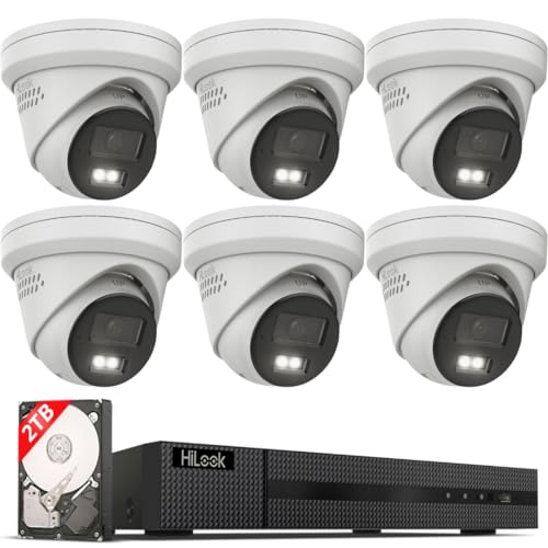 HiLook® by HIKVISION Überwachungskamera Set 6X 8MP 4K Turret PoE mit KI Personen und Fahrzeugerkennung und Hybrid Light Nachtsicht wetterfest IP67 8CH NVR 2TB HDD App Steuerung Plug and Play
