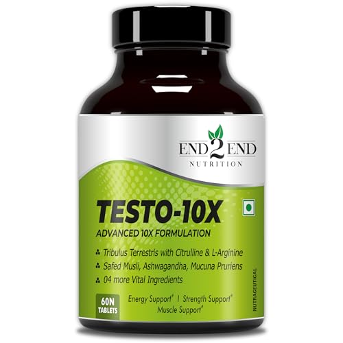 End2End Nutrition Testo-10X Natural Supplement For Men with Tribulus 1000mg per serving L-Arginine Ashwagandha Extract Safed Musli and 6 Ingredients for Muscle Gain & Energy - 60 Tablets