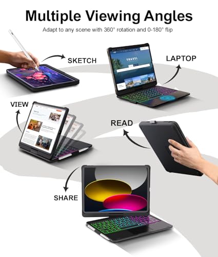 Image of Baisla iPad 10th Generation Case with Keyboard 10.9 inch & iPad 11th (A16) & iPad Air 11 (M4 /M3 /M2), Multi Trackpad, 360 Swivel & Rainbow Backlit for iPad Air 5th /4th,iPad Pro 11 4th /3rd /2nd /1st - Black