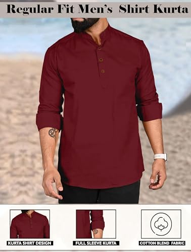 Image of ROYALSCOUT Men Cotton Blend Short Kurta with Mandarin Collar and Button Placket | Full Sleeve Regular Fit Ethnic Wear for Casual and Festive Use