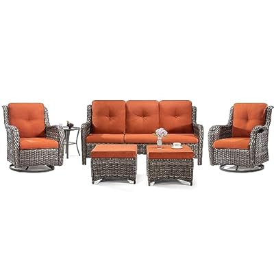 Joyside Wicker Patio Furniture Set 6 Piece Set with 1 Three-Seat Sofa, 2 Swivel Rocker Chairs, 2 Ottomans and 1 Side Table, Outdoor Furniture Patio Conversation Sets(Mixed Grey/Orange)