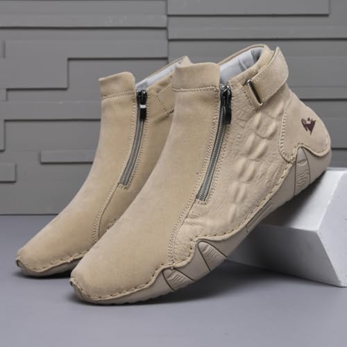 Image of Mens Mid-Top Leather Chukka Ankle Boots with Side Zipper Casual Comfortable Round Toe Non-Slip Flats Loafers for Walking Outdoor Hiking