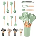 JUPPLIES Juego de Utensilios de Cocina de Silicona 12 Piezas con Mangos de Madera y Soporte Organizador – Set Antiadherente Resistente al Calor – Apto para Todas Las Ollas y Sartenes - Verde