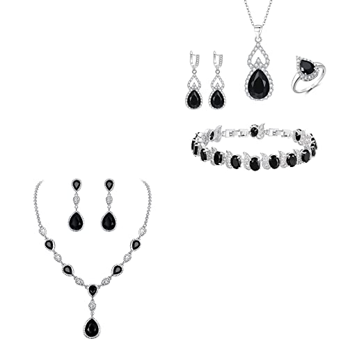 Elequeen Jewelry Set For Women, Black Teardrop Cubic Zirconia Necklace Earrings Sets #TOP22