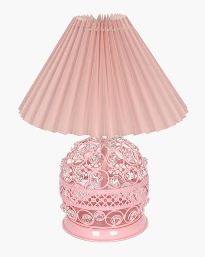 Image of Homesake Modern Small Crystal Table Lamp, Contemporary Bedroom Bedside Nightstand Lamp Light, Desk Globe Lamp for Living Room Girls Kids Room, Fabric Shade (Pink Pleated)