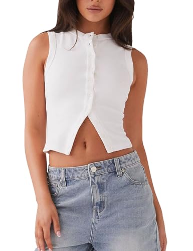 Image of Bozanly Womens Button Down Ribbed Tank Top Summer Sexy Sleeveless Slim Fit Y2k Crop Going Out Tops(0947-White-S)