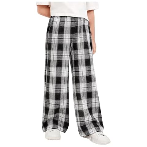 COZYEASE Girls' Plaid Wide Leg Pants Loose High Waist Elastic Waist Trousers Trendy Slant Pocket Sweatpants Black and White 11-12Y Cover