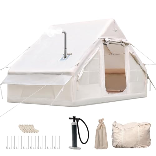Aufblasbares Campingzelt mit Pumpe, 420D Oxford Glamping Aufblasbares Zelt für Camping mit Kaminöffnung & Dachfenster, 4 Saison Anti-UV Kabinenzelt...