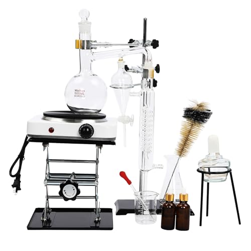 500ml Essential Oil Distillation Apparatus Lab Glassware Kits, Steam Water Distiller Purifier Kits, Include Electronic Heating Stove & Alcohol Lamp, for Home, Schools, Lab
