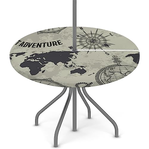 XMNYGJ World Map Compass Round Fitted Tablecloth with Umbrella Hole Zipper for Patio Picnic Tables Elastic Outdoor Table Cover Waterproof and Stain Resistant 45-56 Inch