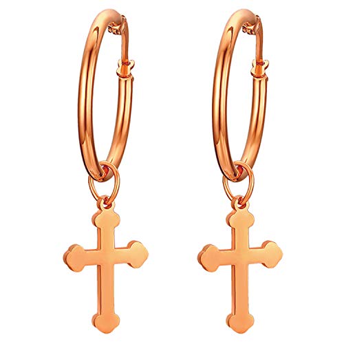 OIDEA クロス イヤリング 十字架 ピアスリング 軟骨ピアス 16g フープピアス レディーズ ボディピアス 両耳 片耳 ステンレス 金属アレルギー ローズゴールド 1ペア プレセット最適