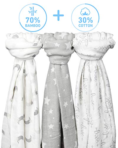 Babebay Baby Muslin Swaddle Blanket, 3-Pack Unisex Bamboo Swaddle Blanket Boys & Girl, Soft Silky Swaddling Blankets Wrap for Newborn Infant, Large 47 x 47 inches, Set of 3 -Moon, Stars and Love - Thumbnail 2