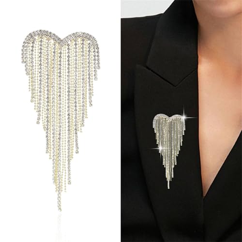 Image of Elegant Crystal Heart Shape Tassel Brooch Pin for Women Sparkly Rhinestones Tassel Brooch Beautiful Dress Suit Shirt Ceremony Clothes Wedding Party Jewelry Accessories