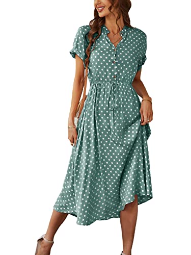 Milumia Women'S Drawstring Waist Button Front Short Sleeve Casual A Line Midi Dress Green Medium cover