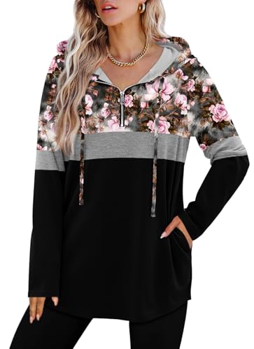 BETTE BOUTIK Womens Quarter Zip Tunic Hoodies Pullover Long Hooded Sweatshirts S-3XL