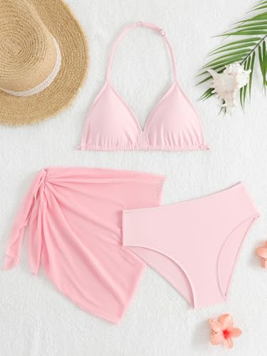 Image of SEGT Girl's 3 Piece Striped Bikini Swimwear Cute Swimsuits Bathing Suit High Waisted with Cover Up Beach Skirt